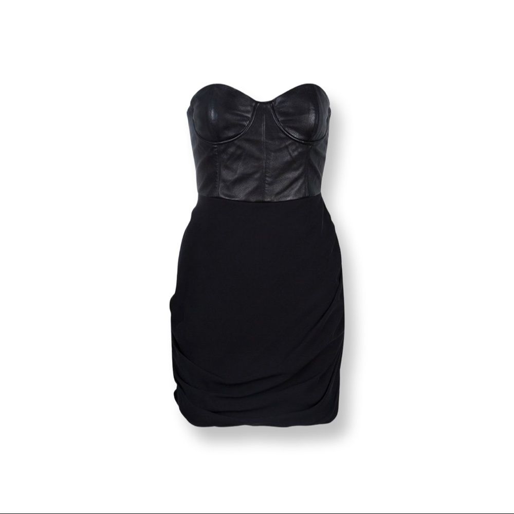 Alice + Olivia Roxanna Black Leather Bustier Gathered Dress